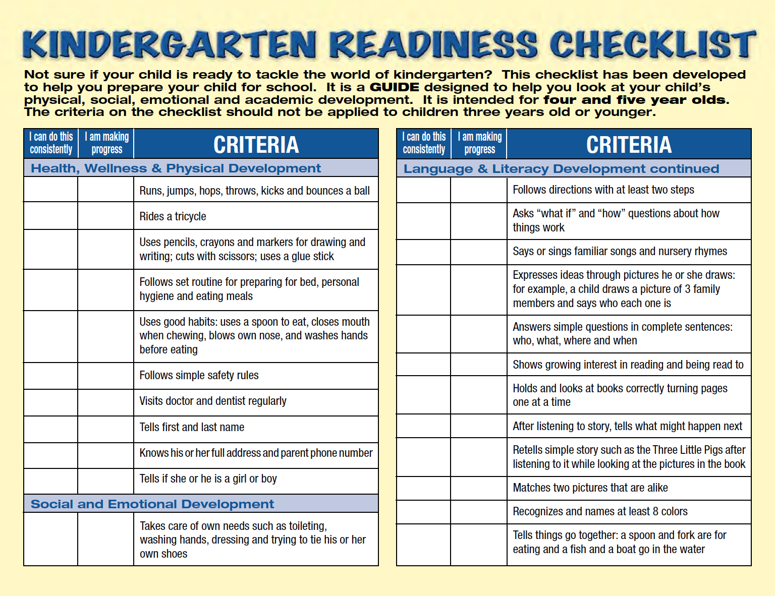 Nj Kindergarten Readiness Checklist